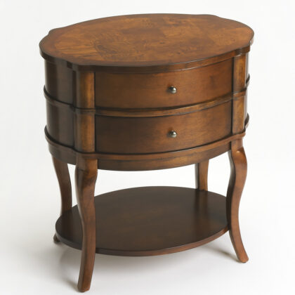 26" Medium Brown And Umber Solid And Manufactured Wood Oval End Table With Two Drawers And Shelf