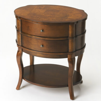 26" Medium Brown And Umber Solid And Manufactured Wood Oval End Table With Two Drawers And Shelf