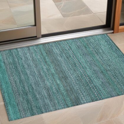 3' X 5' Turquoise Striped Washable Non Skid Indoor Outdoor Area Rug