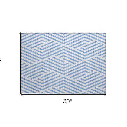 2' X 3' Blue and Ivory Geometric Washable Non Skid Indoor Outdoor Area Rug