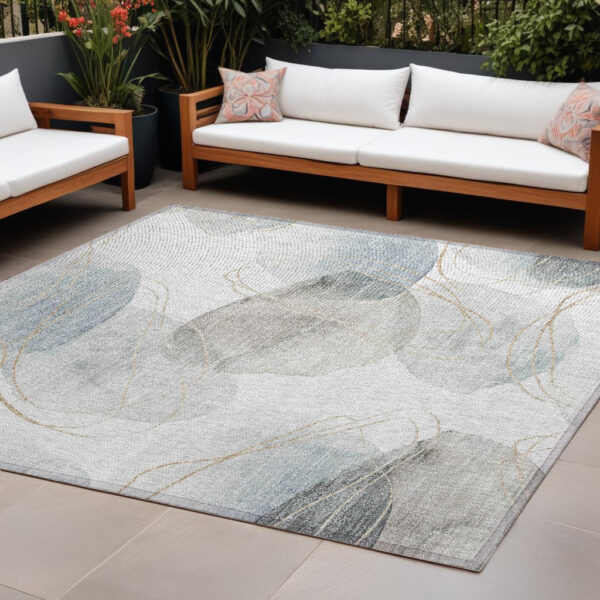 8' X 10' Ivory Blue and Gray Abstract Washable Non Skid Indoor Outdoor Area Rug
