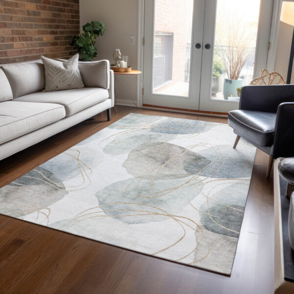 8' X 10' Ivory Blue and Gray Abstract Washable Non Skid Indoor Outdoor Area Rug