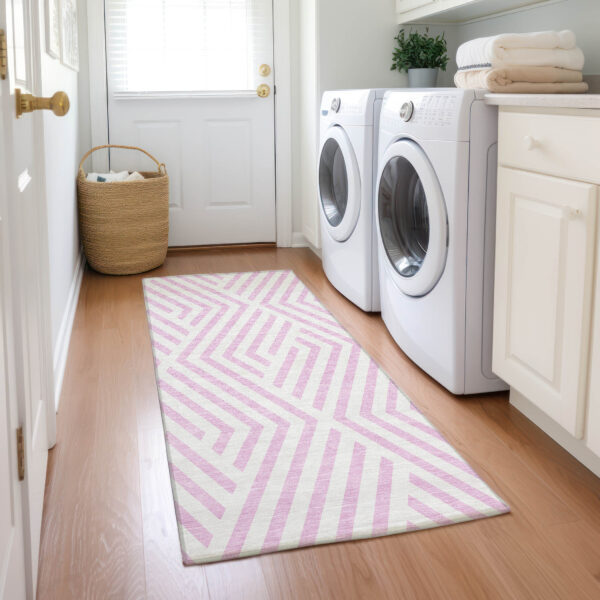 8' Runner Pink and White Geometric Washable Non Skid Indoor Outdoor Runner Rug