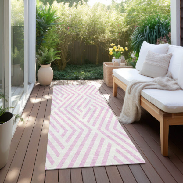 8' Runner Pink and White Geometric Washable Non Skid Indoor Outdoor Runner Rug