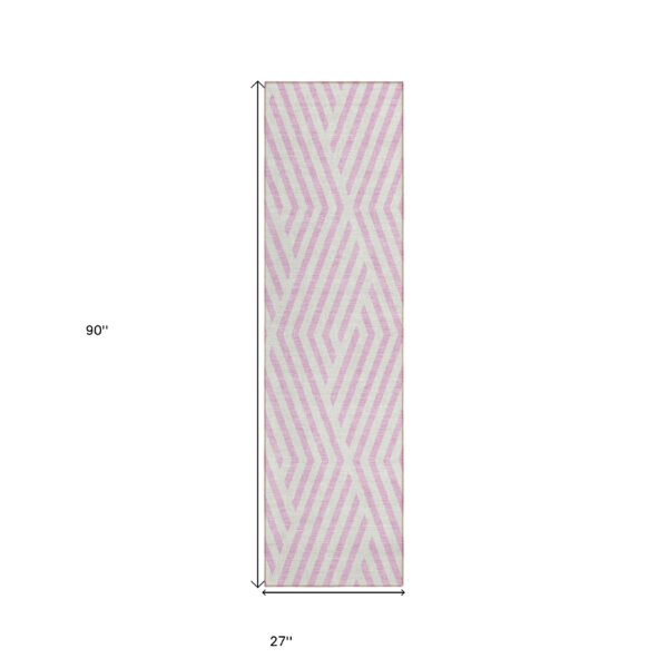 8' Runner Pink and White Geometric Washable Non Skid Indoor Outdoor Runner Rug