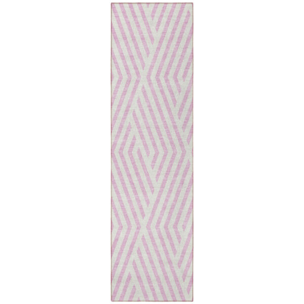8' Runner Pink and White Geometric Washable Non Skid Indoor Outdoor Runner Rug