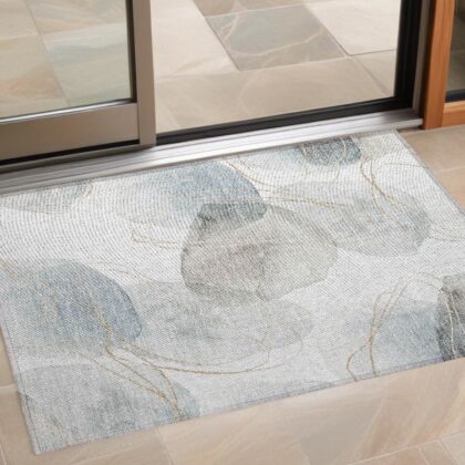3' X 5' Ivory Blue and Gray Abstract Washable Non Skid Indoor Outdoor Area Rug