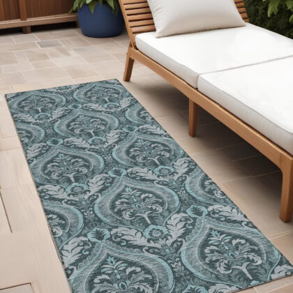 8' Runner Teal Damask Washable Non Skid Indoor Outdoor Runner Rug