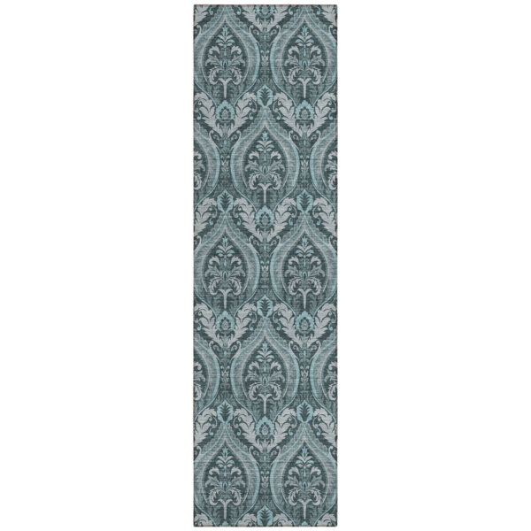 8' Runner Teal Damask Washable Non Skid Indoor Outdoor Runner Rug