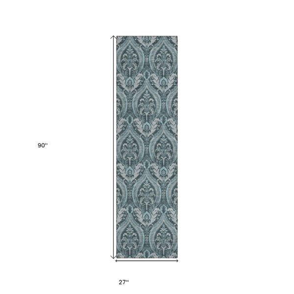8' Runner Teal Damask Washable Non Skid Indoor Outdoor Runner Rug