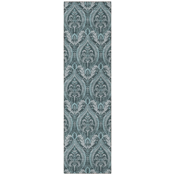 8' Runner Teal Damask Washable Non Skid Indoor Outdoor Runner Rug