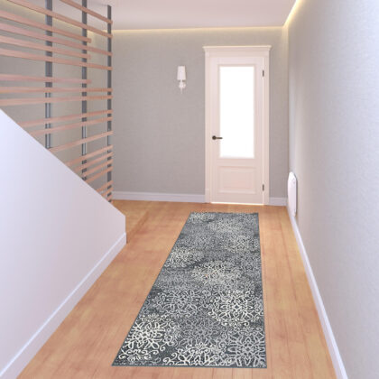 8' Slate And Gray Medallion Power Loom Stain Resistant Runner Rug