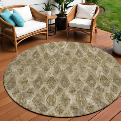 8' Brown Beige And Tan Round Geometric Washable Indoor Outdoor Area Rug