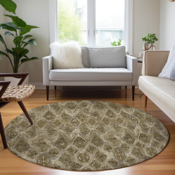 8' Brown Beige And Tan Round Geometric Washable Indoor Outdoor Area Rug