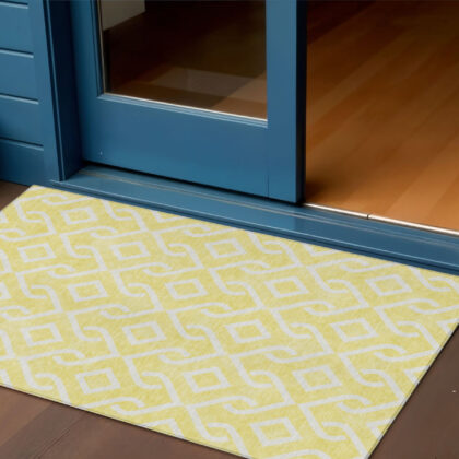 3' X 5' Yellow And Ivory Geometric Washable Indoor Outdoor Area Rug