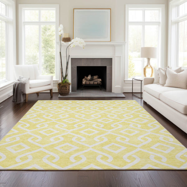 3' X 5' Yellow And Ivory Geometric Washable Indoor Outdoor Area Rug