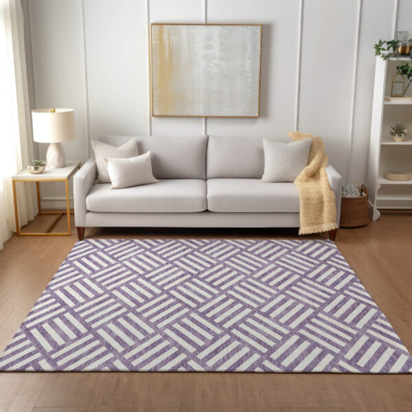9' X 12' Purple And Ivory Geometric Washable Indoor Outdoor Area Rug