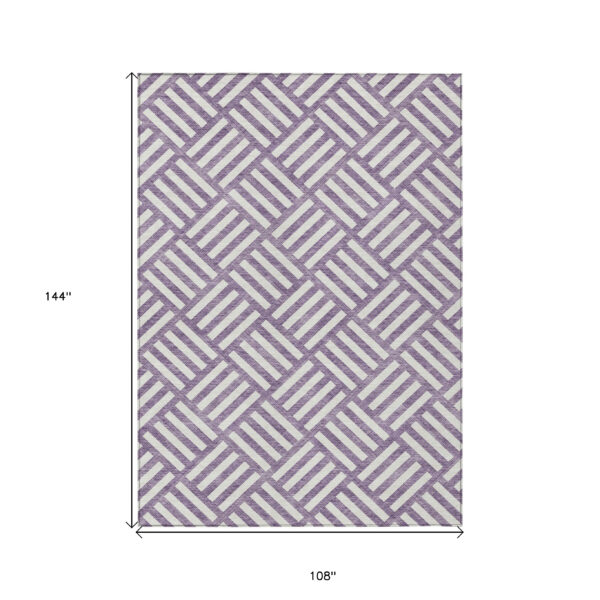 9' X 12' Purple And Ivory Geometric Washable Indoor Outdoor Area Rug