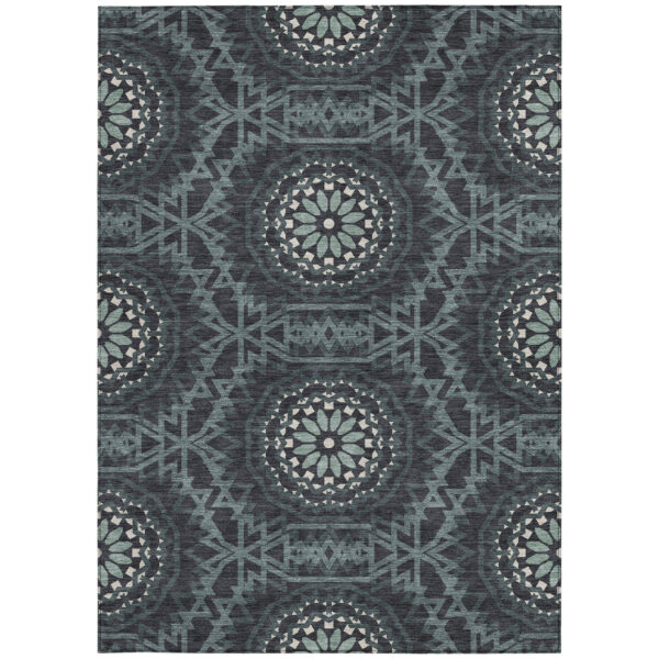 8' X 10' Charcoal Gray And Ivory Floral Medallion Washable Indoor Outdoor Area Rug