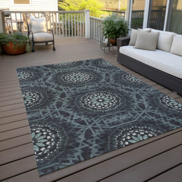 8' X 10' Charcoal Gray And Ivory Floral Medallion Washable Indoor Outdoor Area Rug