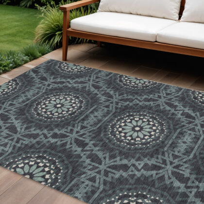 8' X 10' Charcoal Gray And Ivory Floral Medallion Washable Indoor Outdoor Area Rug
