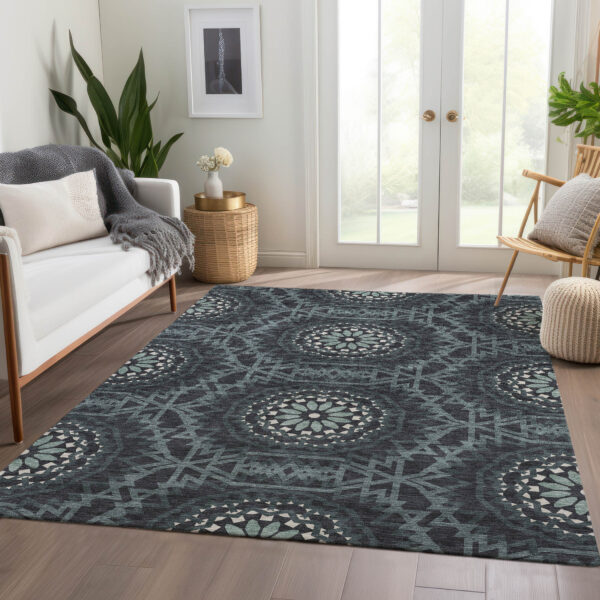 8' X 10' Charcoal Gray And Ivory Floral Medallion Washable Indoor Outdoor Area Rug