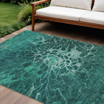 9' X 12' Teal Blue Aqua And Turquoise Abstract Washable Indoor Outdoor Area Rug