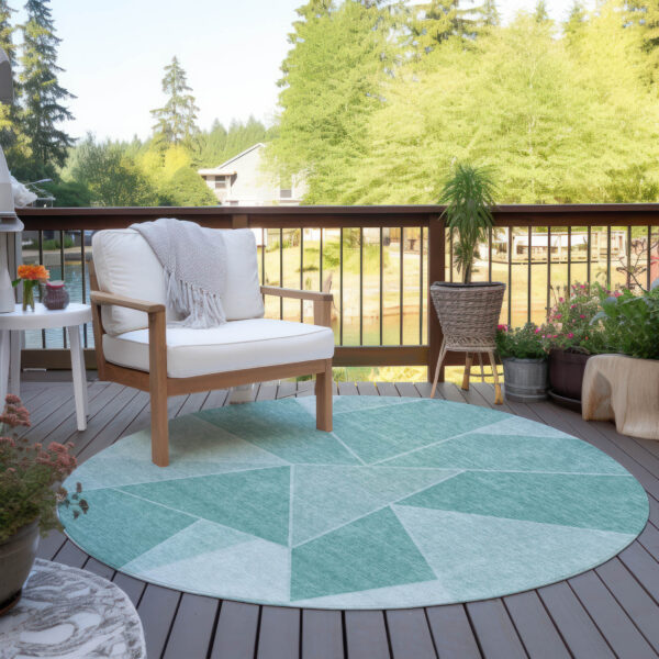 8' Green Mint Green And Aqua Round Geometric Washable Indoor Outdoor Area Rug