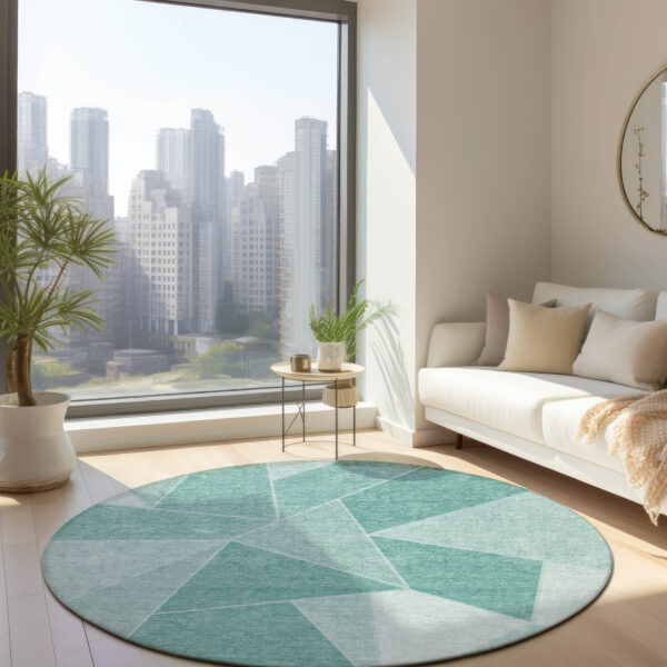 8' Green Mint Green And Aqua Round Geometric Washable Indoor Outdoor Area Rug