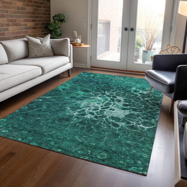 9' X 12' Teal Blue Aqua And Turquoise Abstract Washable Indoor Outdoor Area Rug
