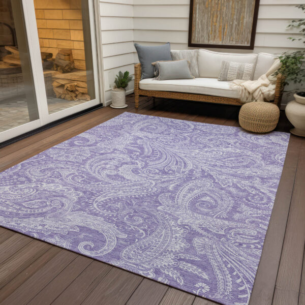 10' X 14' Lavender Purple And Ivory Paisley Washable Indoor Outdoor Area Rug