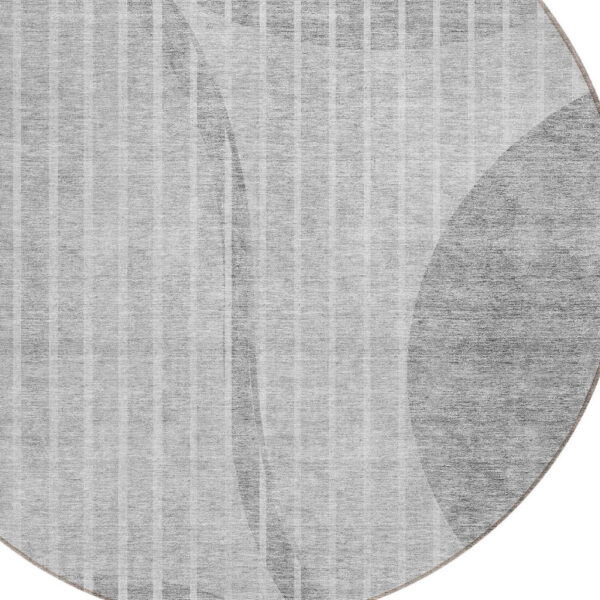 8' Gray Silver And Ivory Round Striped Washable Indoor Outdoor Area Rug