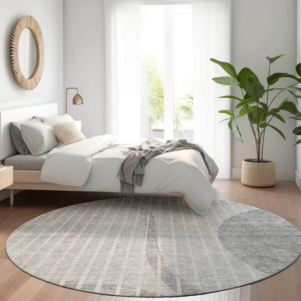 8' Gray Silver And Ivory Round Striped Washable Indoor Outdoor Area Rug