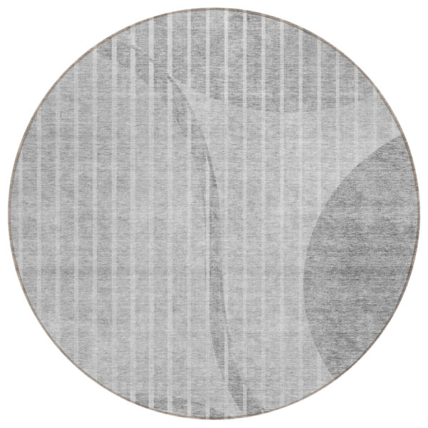 8' Gray Silver And Ivory Round Striped Washable Indoor Outdoor Area Rug