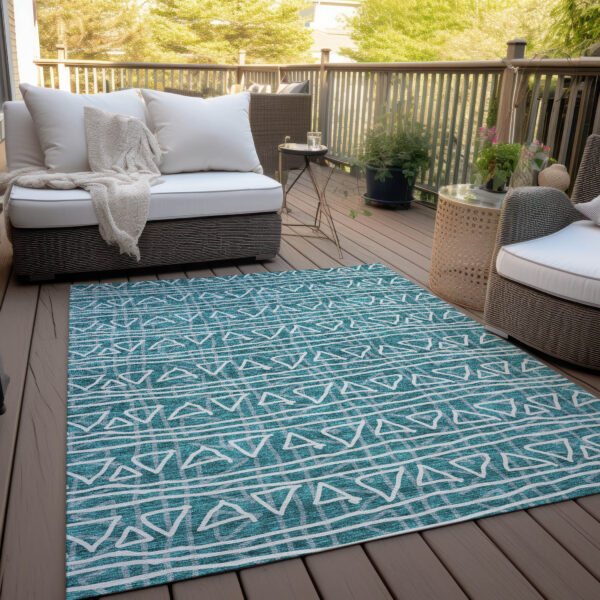 5' X 8' Teal Blue And Ivory Geometric Washable Indoor Outdoor Area Rug