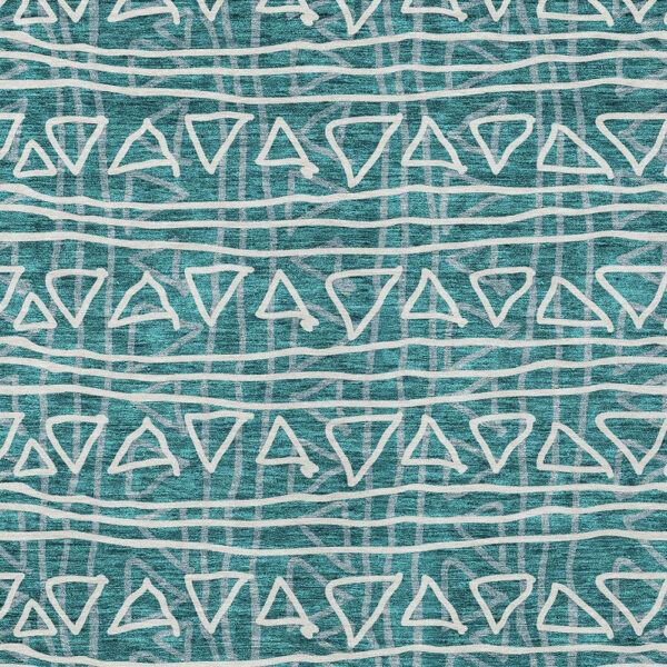5' X 8' Teal Blue And Ivory Geometric Washable Indoor Outdoor Area Rug