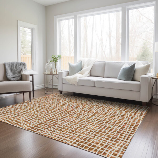3' X 5' Orange Beige And Copper Striped Washable Indoor Outdoor Area Rug