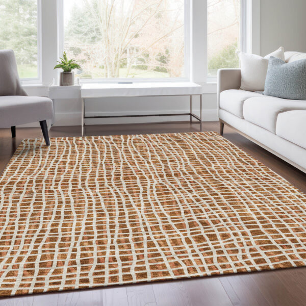 3' X 5' Orange Beige And Copper Striped Washable Indoor Outdoor Area Rug