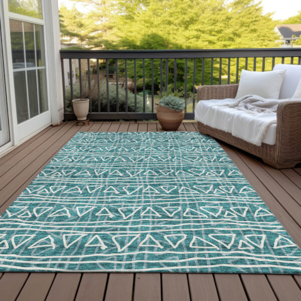 5' X 8' Teal Blue And Ivory Geometric Washable Indoor Outdoor Area Rug