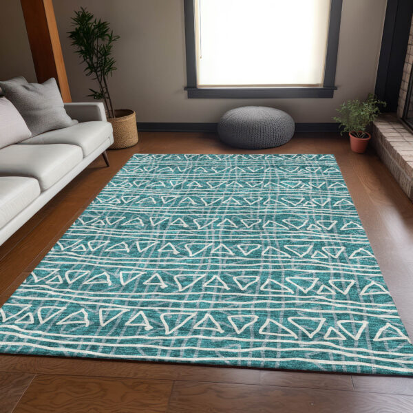 5' X 8' Teal Blue And Ivory Geometric Washable Indoor Outdoor Area Rug