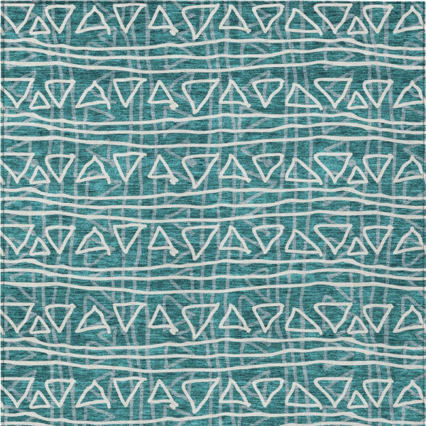 5' X 8' Teal Blue And Ivory Geometric Washable Indoor Outdoor Area Rug
