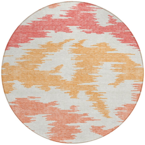 8' Coral Beige And Orange Round Abstract Washable Indoor Outdoor Area Rug