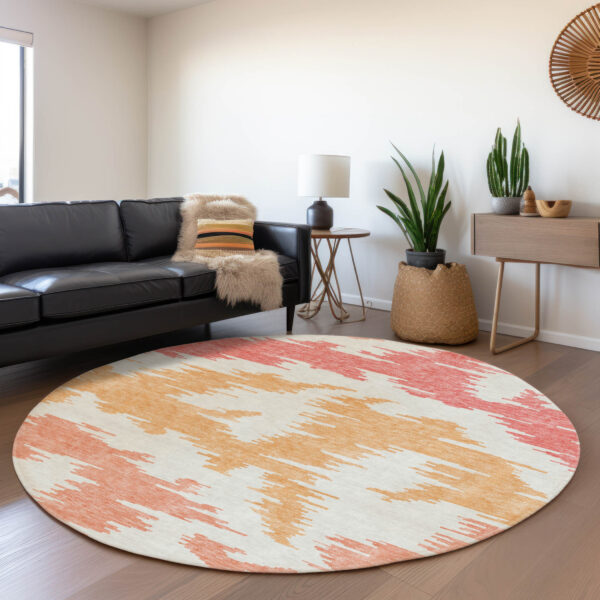 8' Coral Beige And Orange Round Abstract Washable Indoor Outdoor Area Rug