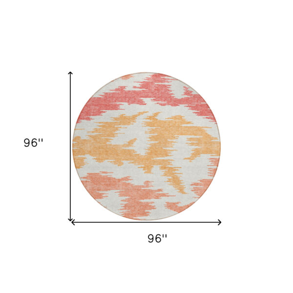 8' Coral Beige And Orange Round Abstract Washable Indoor Outdoor Area Rug