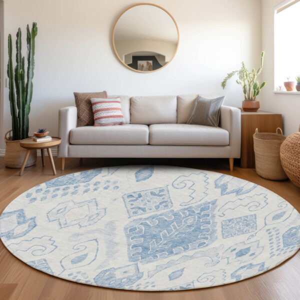 8' Denim Blue And Sky Blue Round Moroccan Washable Indoor Outdoor Area Rug