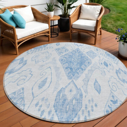 8' Denim Blue And Sky Blue Round Moroccan Washable Indoor Outdoor Area Rug