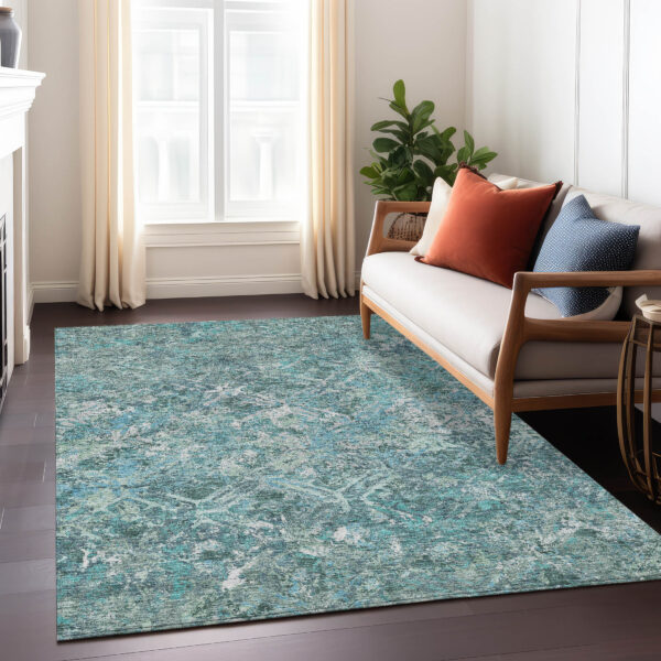 3' X 5' Sage Teal Blue And Gray Geometric Washable Indoor Outdoor Area Rug