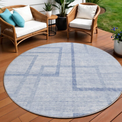 8' Sky Blue And Denim Blue Round Geometric Washable Indoor Outdoor Area Rug