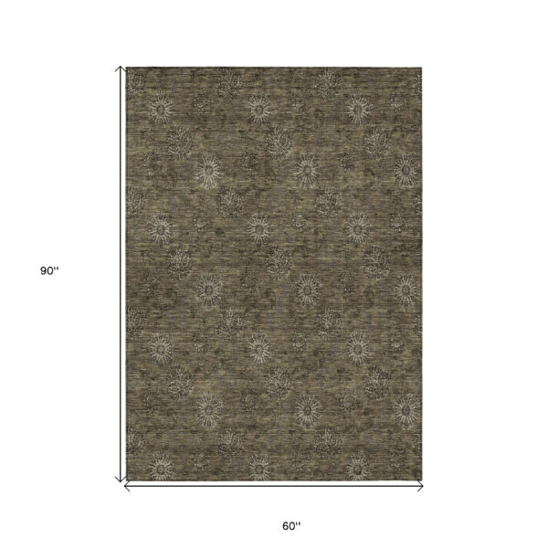 5' X 8' Brown And Beige Floral Washable Indoor Outdoor Area Rug