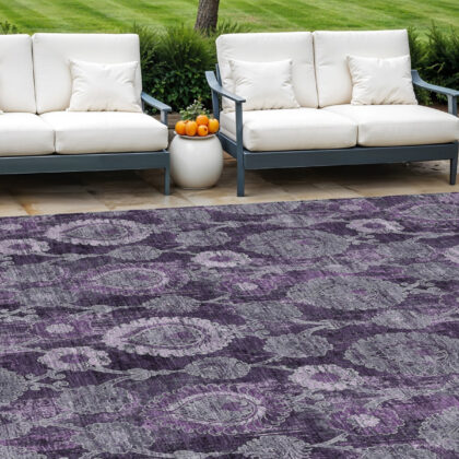 8' X 10' Eggplant Purple And Lavender Damask Washable Indoor Outdoor Area Rug